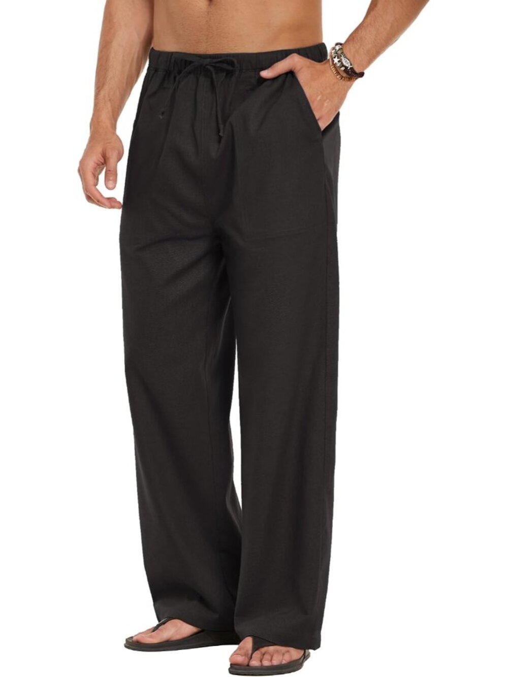 Men Linen Pants Casual Elastic Waist Drawstring Pants Summer Beach